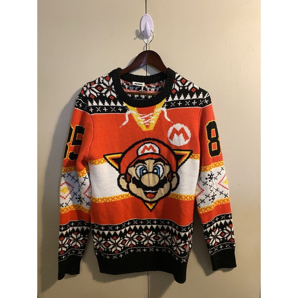 Nintendo Super Mario Ugly Christmas Sweater Hockey Jersey Knit Pullover  L